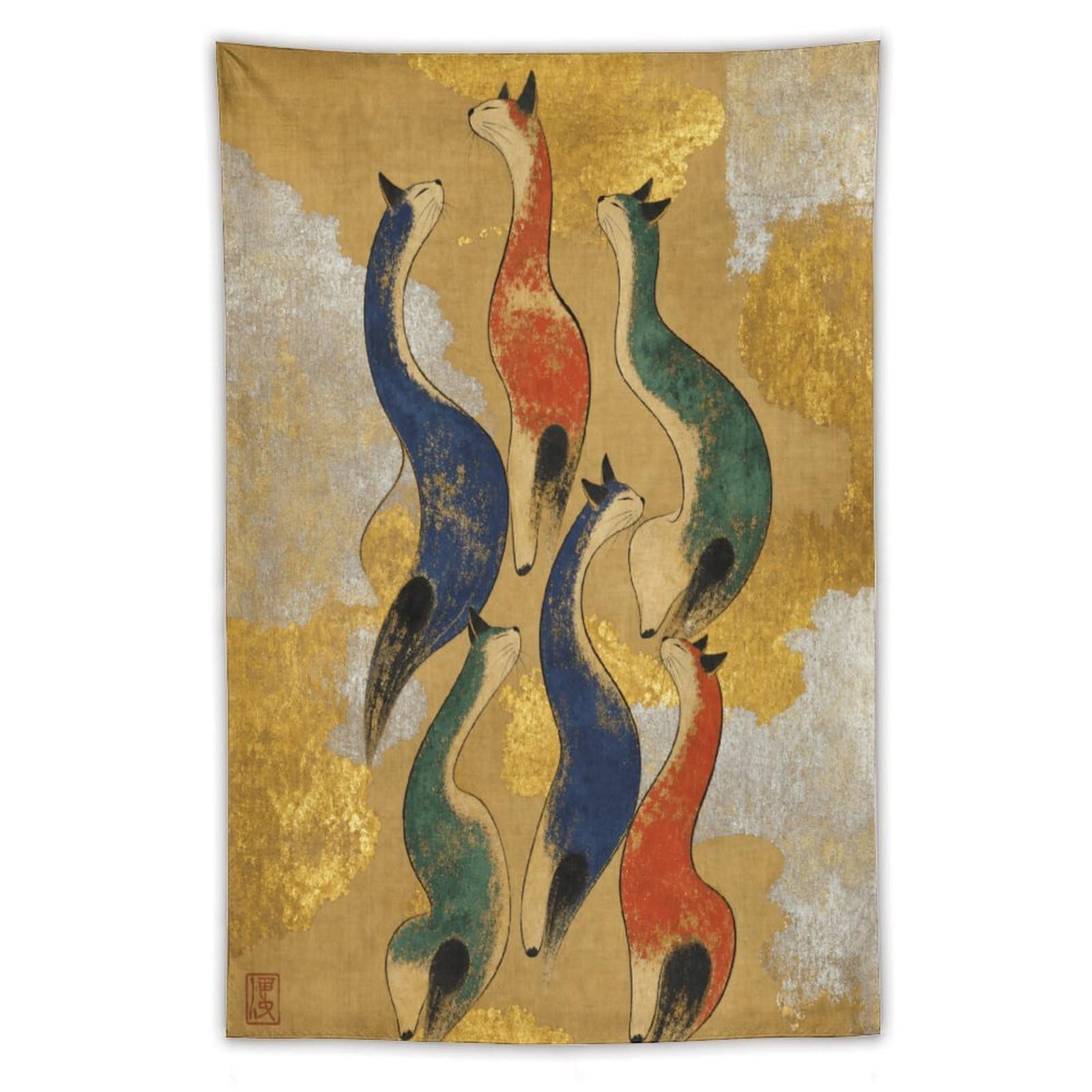 W7C8U2X3 Three Colorful Cats Wall Tapestry, Realistic Illustration