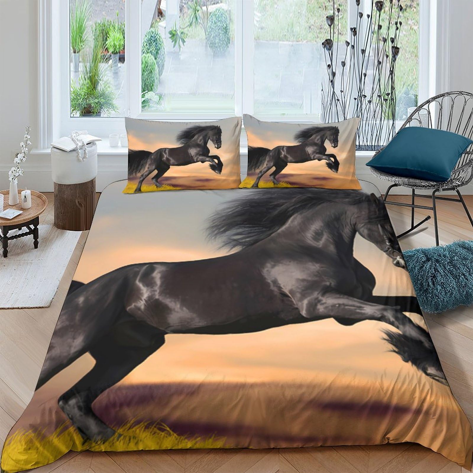 Ctjqhvkz Style-1 3D Printed Black Horse Fitted Sheet Microfiber Soft Breathable Sunset Field Mattress Cover For Bedroom Dorm Bed Decor Single（135X200cm）