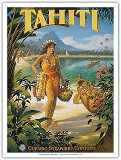 Tahiti - Oceanic Steamship Company - Tahitian Native with Fruit and Flower Leis - Vintage Ocean Liner Travel Poster by Kerne Erickson - Master Art Print (Unframed) 9in x 12in