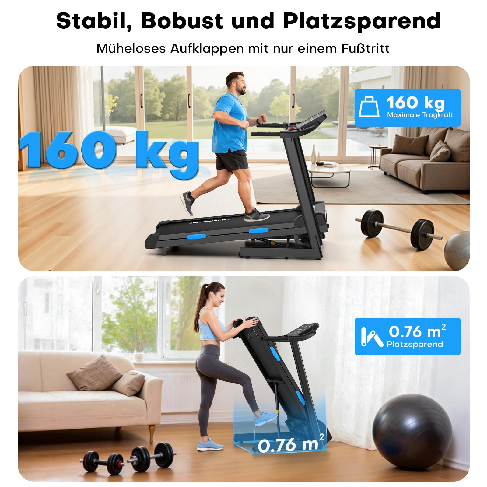 Laufband Für Zuhause Klappbar mit Automatischer Neigung 15%, Walking Pad 14KM/H, Laufband mit 3,0-PS-Motor, 12 Voreingestellte Programme und Fitness App, Fitnessgeräte Belastung 160Kg