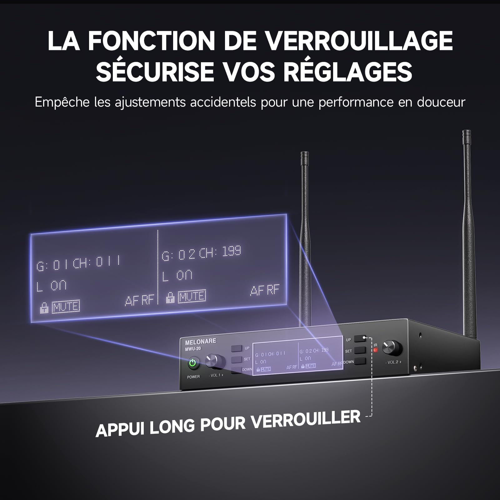 MELONARE Système Micro Sans Fil UHF Double Auto Scan MWU-20-2H