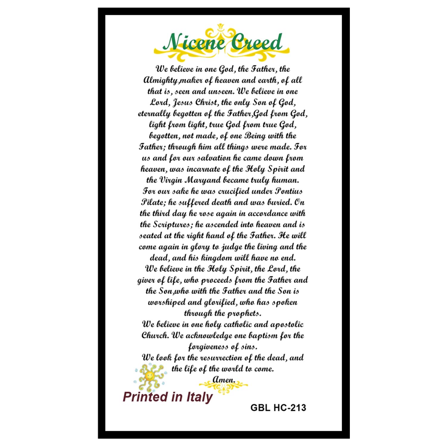 Nicene Creed Laminated Holy Card Blessed By His Holiness Pope Francis