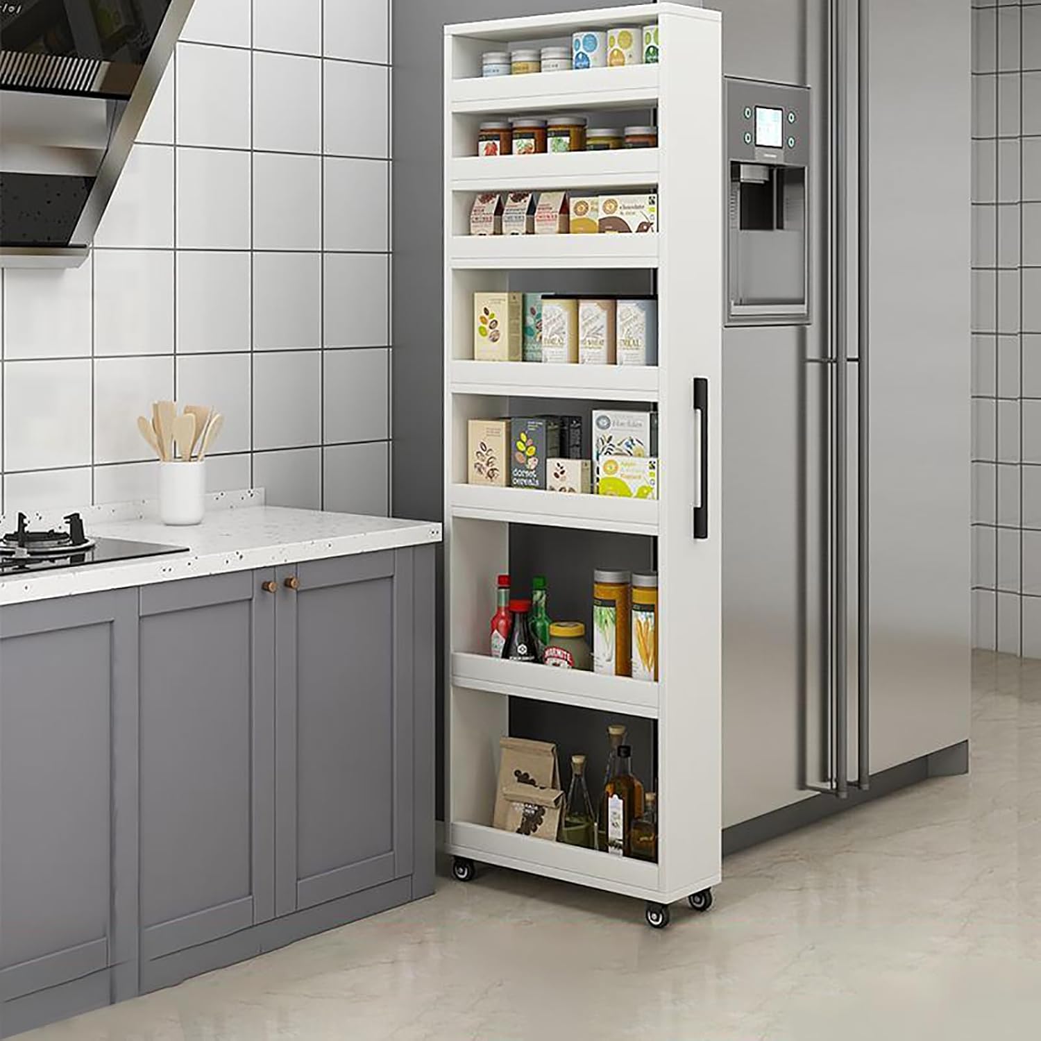 Slim Kitchen Storage Cart with Wheels, 7-Tier Narrow Rolling Shelf Organizer for Small Spaces, High-Capacity Slide-Out Pantry, White, 5.9"x21.6"x72.4" - Perfect for Kitchen & Dining Room.
