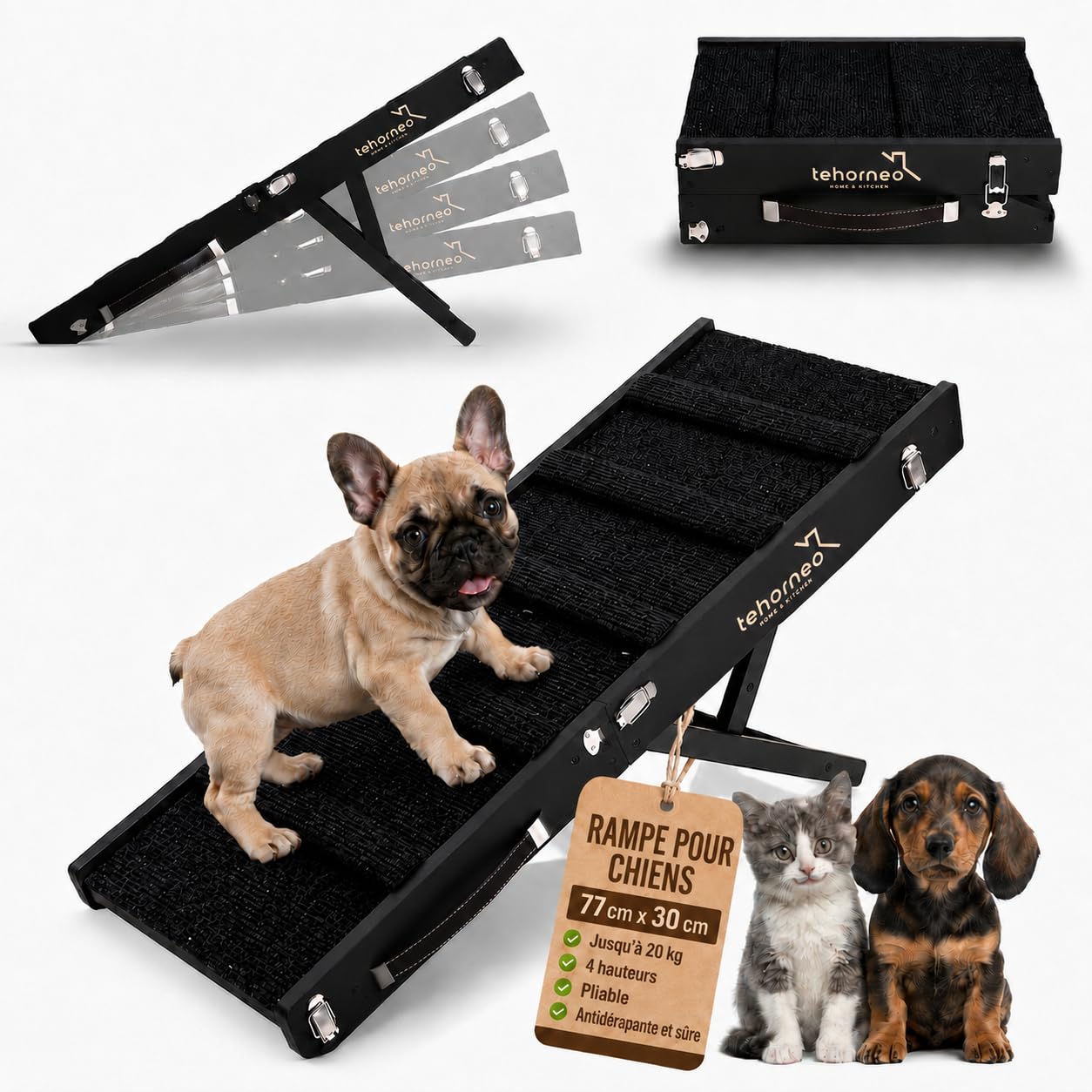 TEHORNEO Rampe pour Chien, Rampe Chien 4 Hauteurs de 25 cm à 41 cm, Escalier pour Chien Supporte jusqu'à 20 kg avec Tapis Antidérapant, Rampe pour Chien Canapé, Rampe pour Chat, Escalier Chien