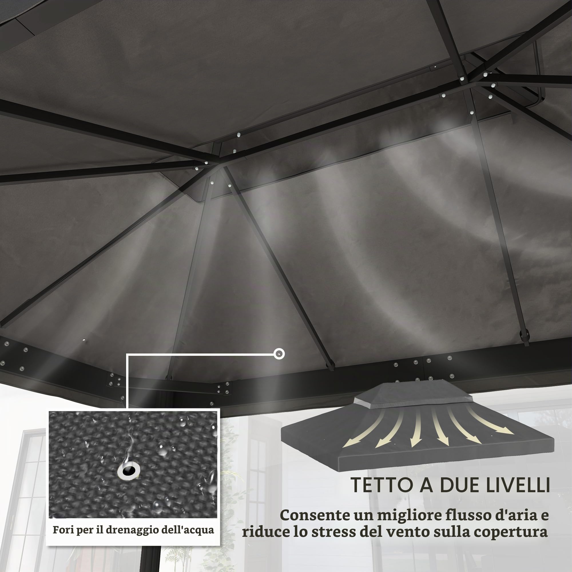 Outsunny Tessuto di ricambio per gazebo 4 x 3 m, doppio tetto con fori di drenaggio, poliestere ad alta densità 370 g/m², protezione solare UPF30+, SOLO SUPERFICIE INCLUSA, grigio scuro