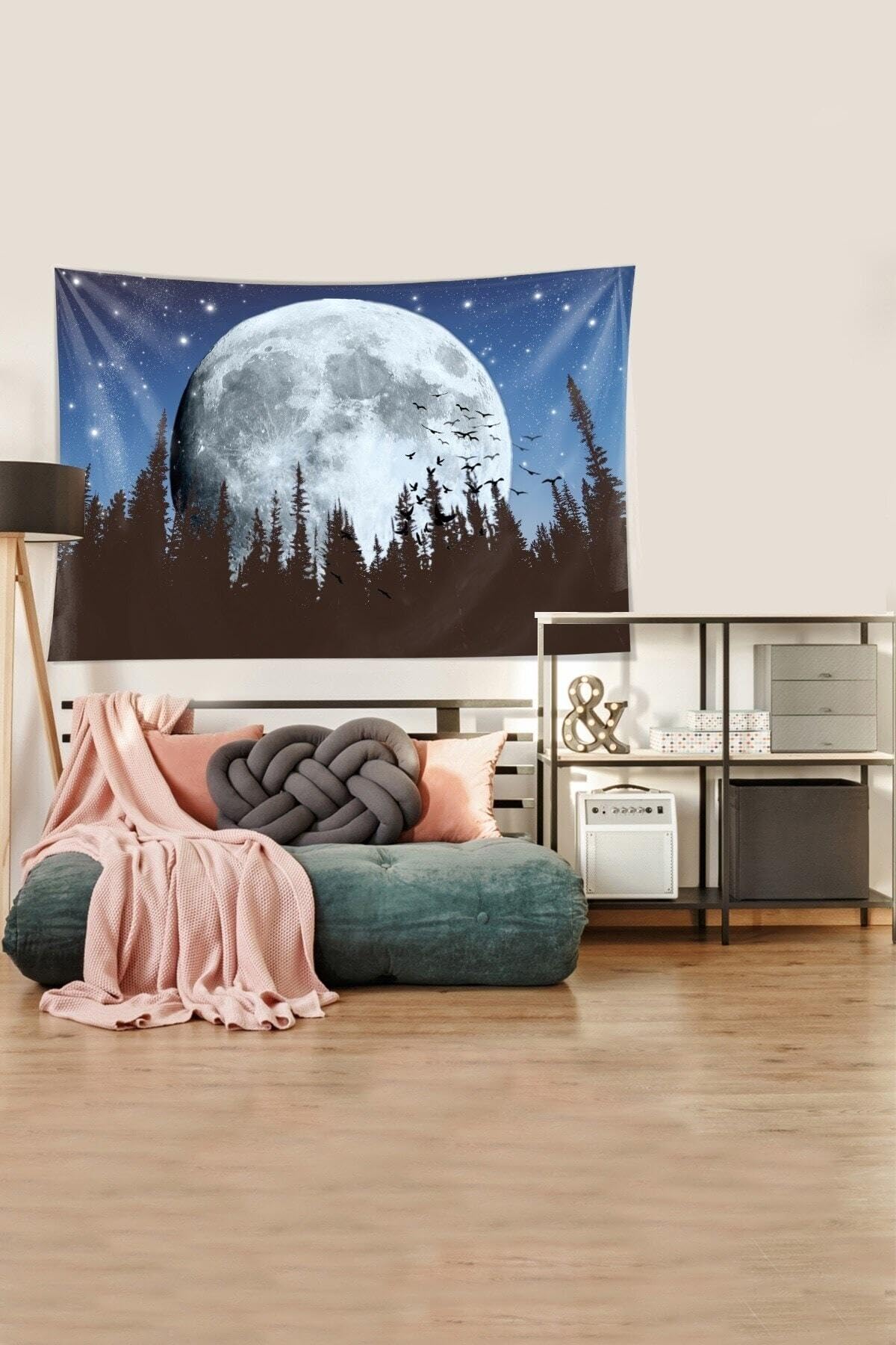 Pelangi Mavi-Beyaz Ay Ve Çam Ağaçlı Leke Tutmaz Kadife Kumaş Duvar Örtüsü Duvar Halısı Tapestry YWLL379, 70 x 100