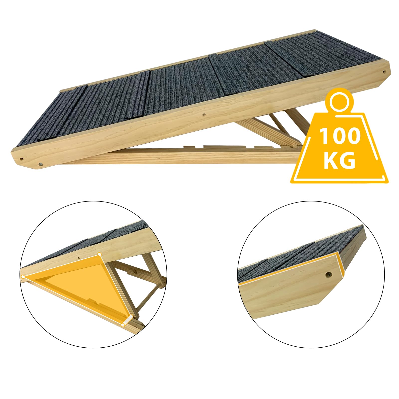 Hundetreppe Auto Klappbar Haustiertreppe aus Holz Tiertreppe mit Anti-rutsch Einsatz für Haustiere Einstiegshilfe für Kofferraum, Höhenverstellbar Autorampe bis zu 100 kg