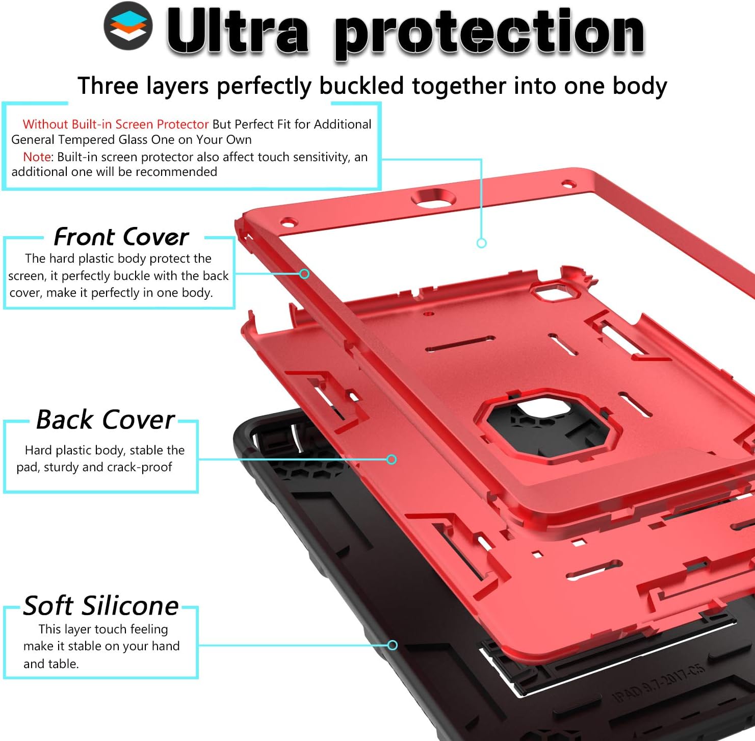 DONWELL Compatible iPad 6th 5th Generation Case, iPad 9.7 inch 2018/2017 Shockproof Defender Protective Cover with Kickstand for iPad 5 iPad 6 Model A1823 A1822 A1893 (Type1- Black/Red)