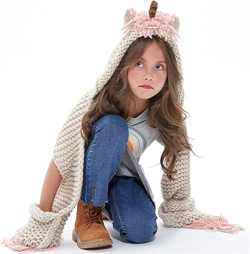 Miniatura 5 de Gorro con bufanda incorporada de Tacobear todo en una sola pieza de ganchillo diseño de unicornio para invierno bufanda con bolsillos talla única