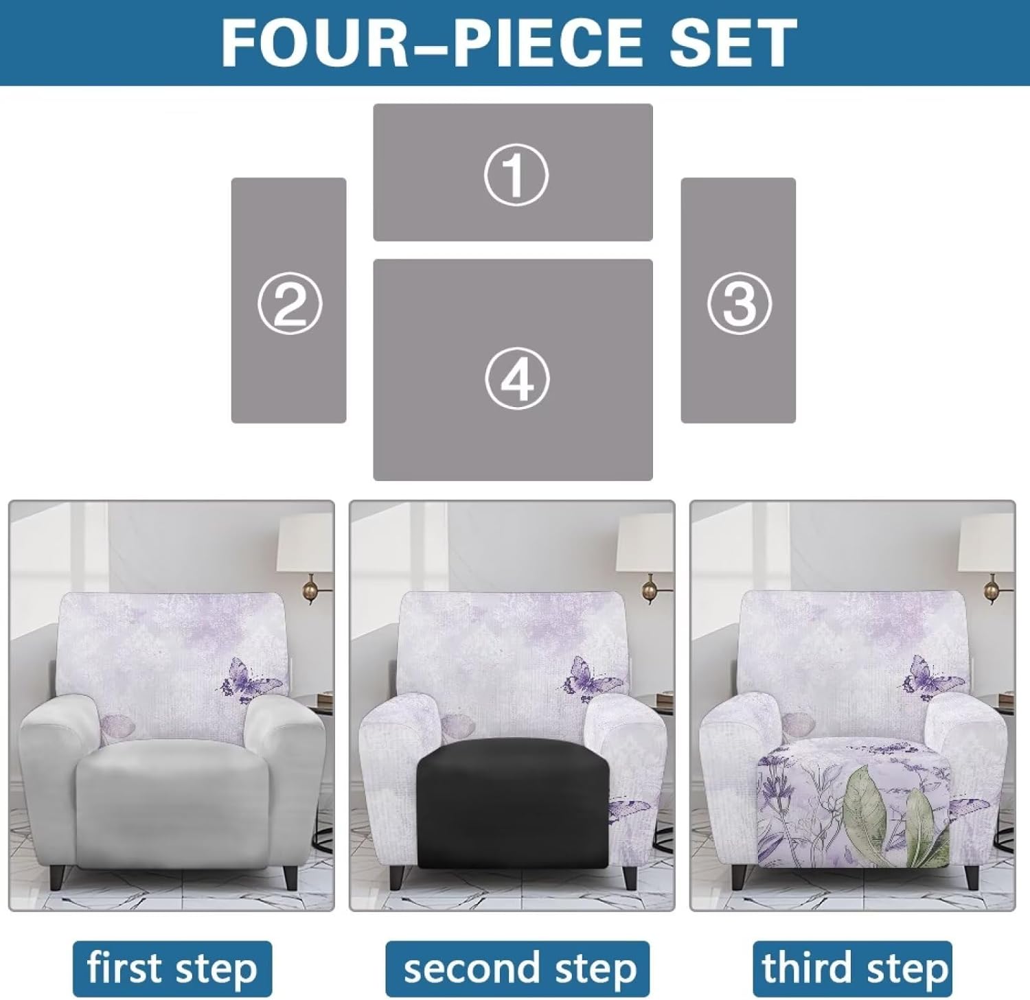 FOR U DESIGNS Lavender Purple Butterfly Recliner Chair Covers 4-Piece Set Stretch Non Slip Convenient Pockets for Storage Washable Against Stains and Pet Hair on Reclining Furniture