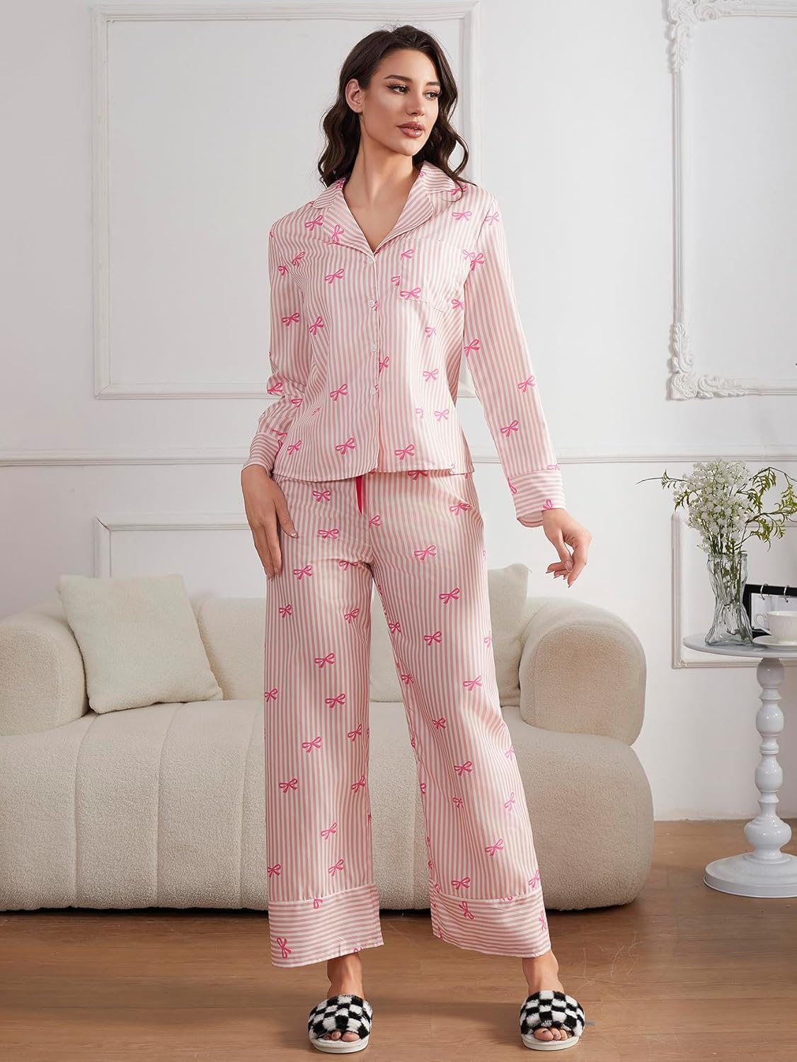 MakeMeChic Women's 2 Piece Pajama Set Bow Striped Long Sleeve Button Down Shirt and Straight Leg Pants Loungewear - Image 4
