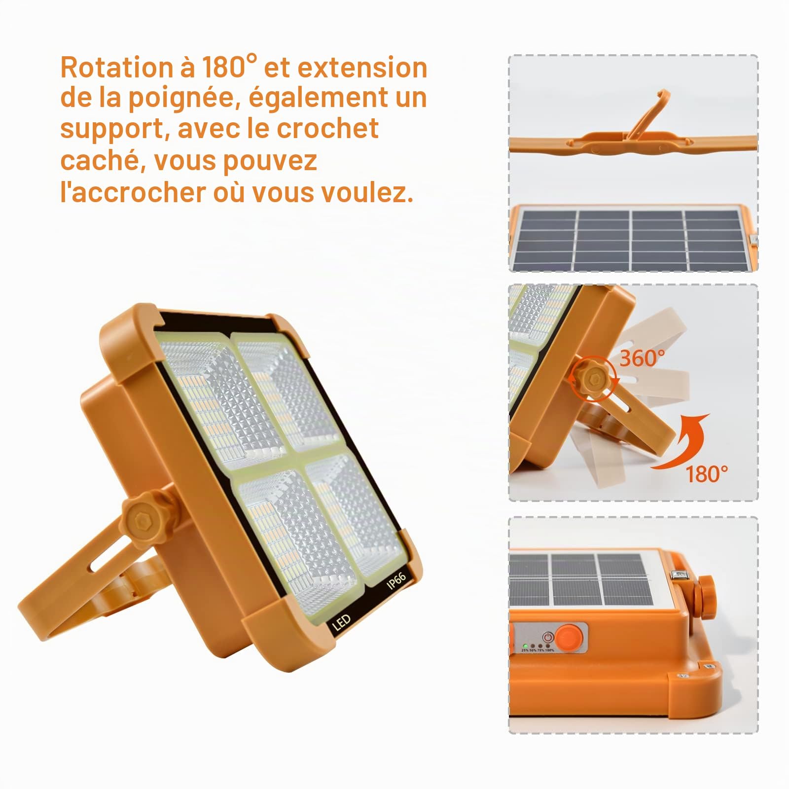 100W Projecteur LED Rechargeable 10000LM, Lumière de Travail Lanterne Portable avec Panneau Solaire, 16500mAh USB Lampe Rechargeable, pour Camping, Chantier, Garage, Atelier
