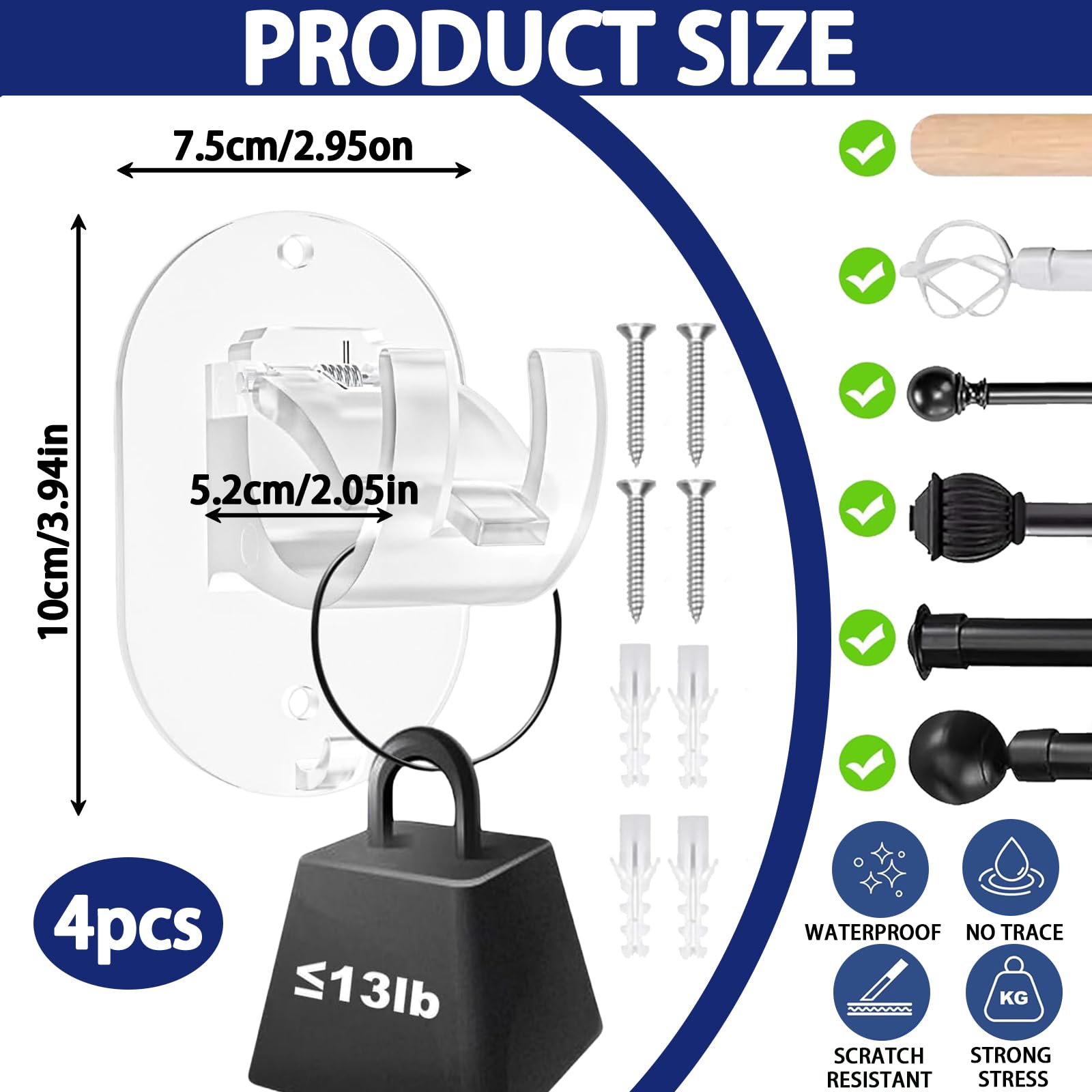Ganci Per Tende Senza Bucare Yuqilin - 4 Pezzi Adesivi, Per Pareti Lisce, ABS - Foto 4