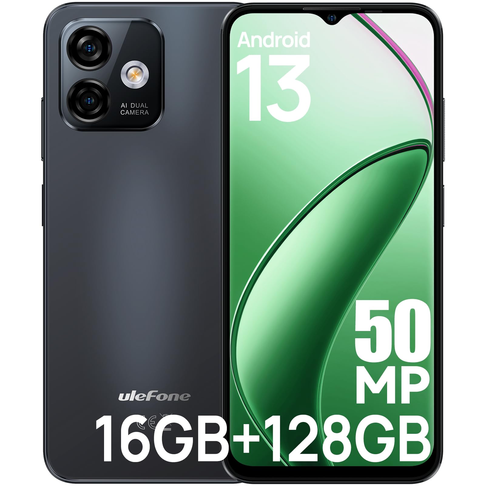 Ulefone Note 16 Pro Unlocked Cell Phone, 16GB+128GB, Android 13 Smartphone, 50MP Camera, 6.52' Waterdrop Screen, 8-Core Processor, 4400mAh Dual 4G Phone - Black