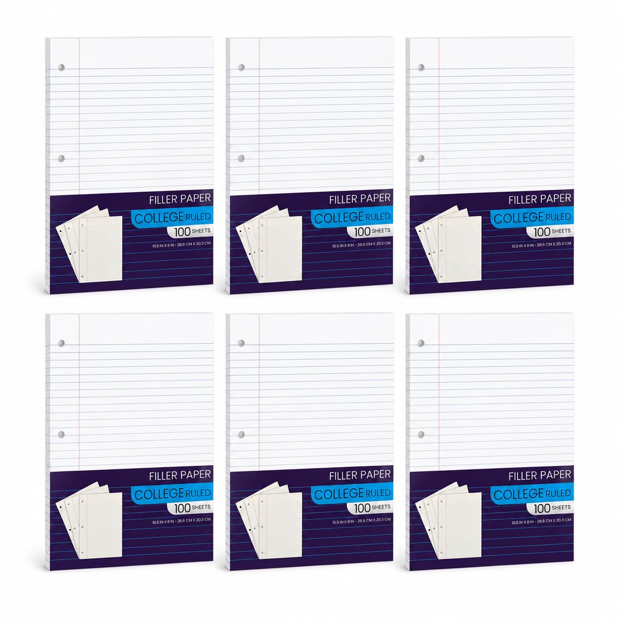 Lot de 6 feuilles de papier ligné pour carnet de notes à 3 anneaux, 26,7 x 20,3 cm, pour collège, école, salle de classe