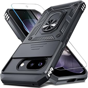 Janmitta Case Compatible with Google Pixel 9A Built in Slide Camera Lens Cover+Screen Protector+Finger Ring Holder Kickstand,Heavy Duty Shockproof Full Body Protective Phone Cover,Black