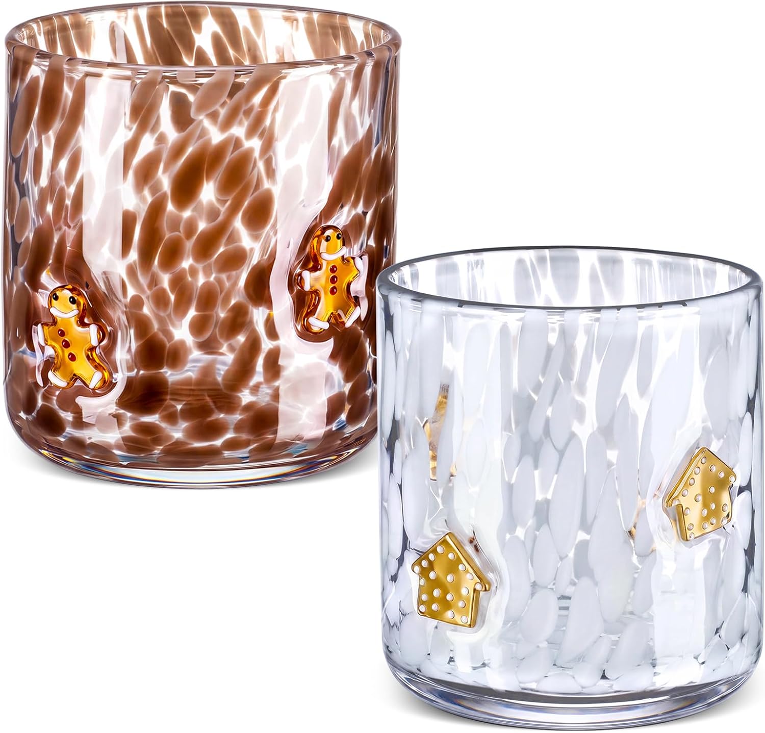 LemonRoad 2 Pcs Christmas Glass Cups 16 oz Gingerbread Man Gingerbread House Icon Juice Glasses Double Old Fashioned Wine Coffee Cocktail Cups Drinking Glassware for Holiday Xmas Party Supplies Gift