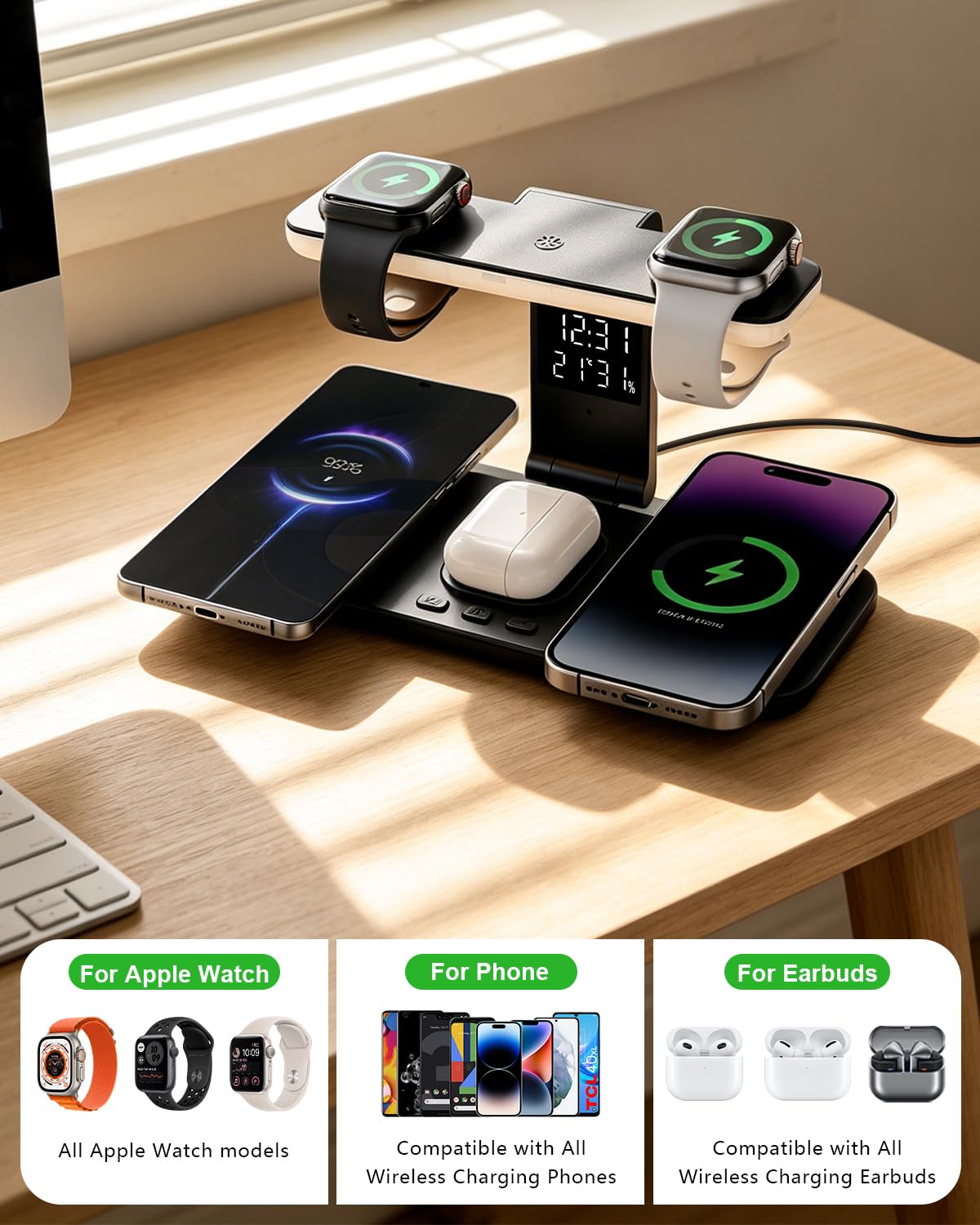 Stazione di Ricarica Wireless 5 in 1 con Orologio e Luce Notturna, Caricatore Doppio per 2 Telefoni e 2 Orologi, Compatibile con iPhone 17 16 15 14 Pro Max, Samsung, Apple Watch, Galaxy Watch, AirPods