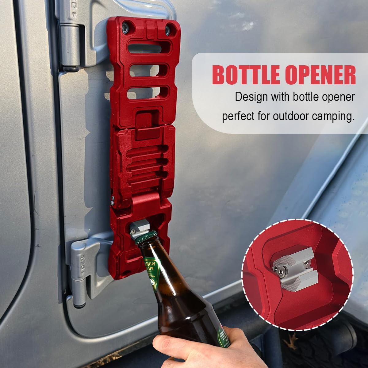 Side Door Hinge Foot Step Compatible with 2007-2024 Jeep Wrangler JK JKU JL JLU & Gladiator JT, Aluminum Alloy Folding Foot Pedal, Door Hinge Step with Bottle Opener 1 Pack (Red)