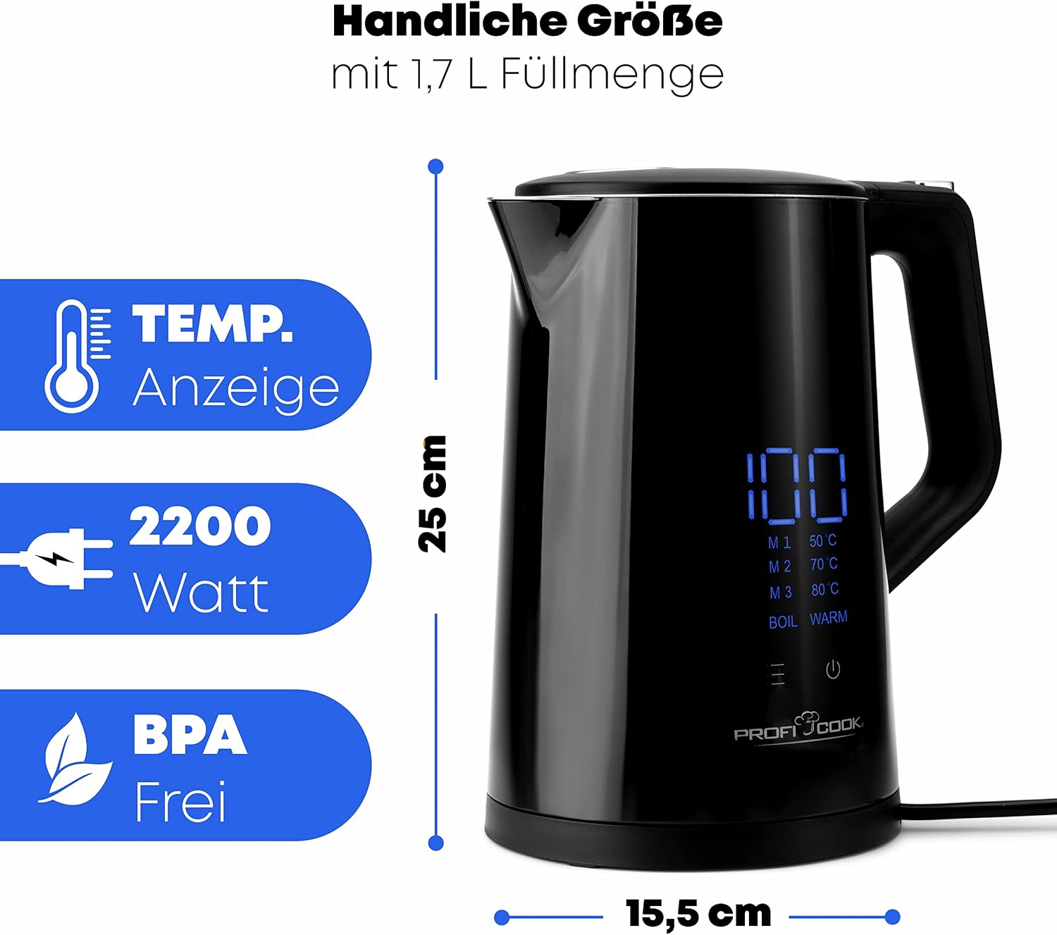 Dimensions and power specifications of Profi Cook electric kettle