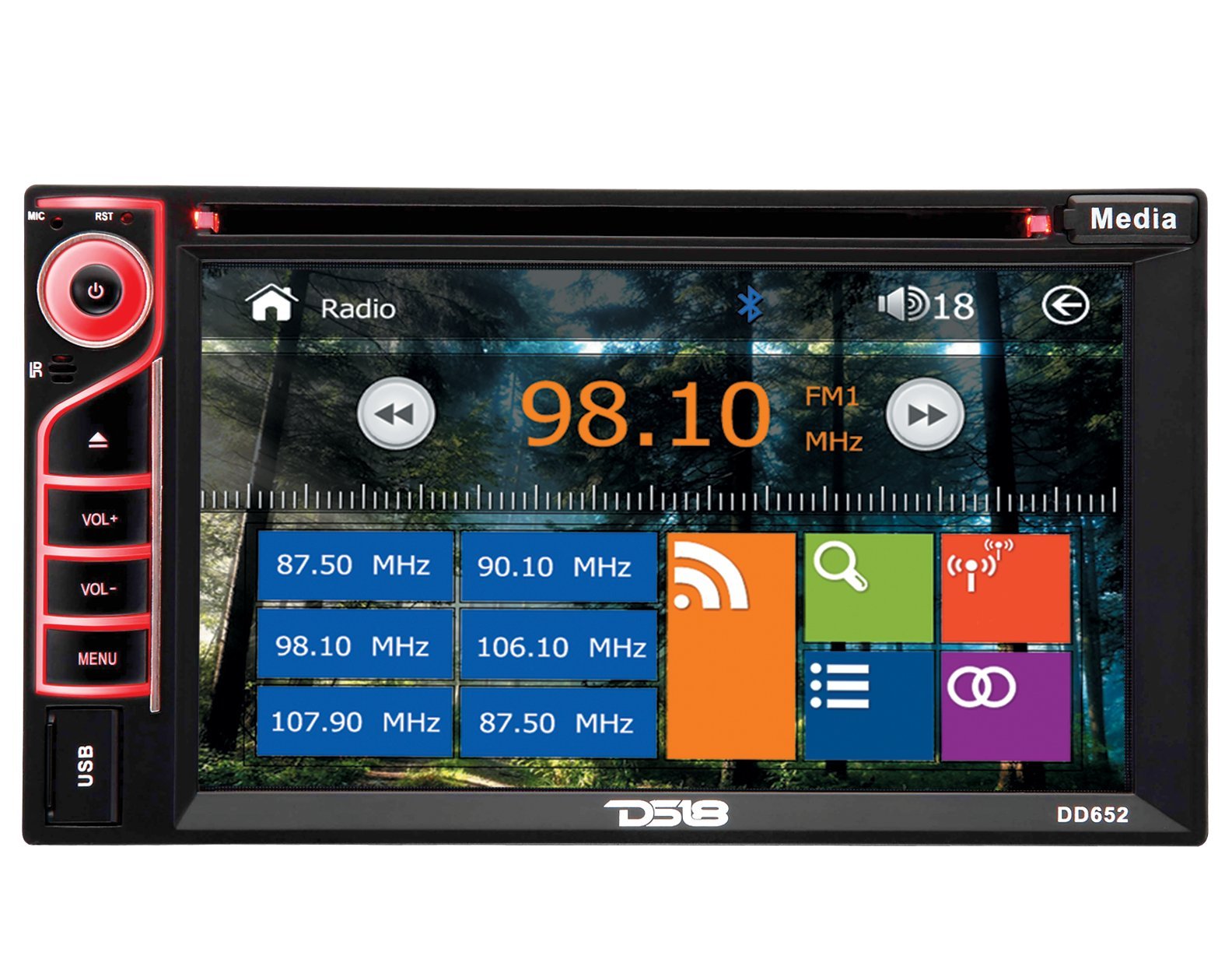 Front panel of the DS18 DD652 Double DIN Car Multimedia System showing the 6.2-inch touchscreen, physical buttons for power, volume, menu, and a USB port.