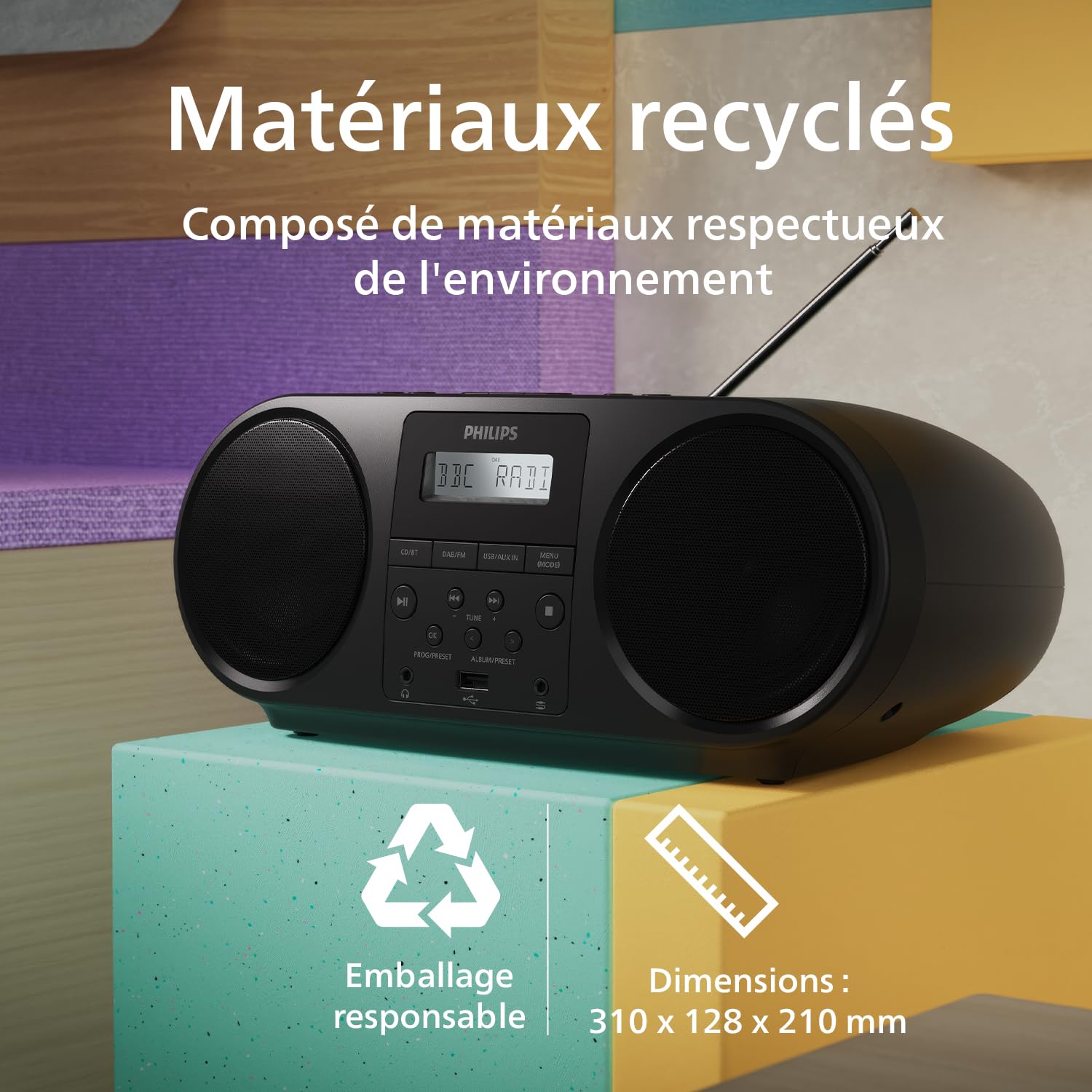 Philips TAZ6000 Lecteur CD/Radio FM Tout-en-Un DAB+ Bluetooth 5.4 USB Batterie CA Amplification Dynamique des Basses