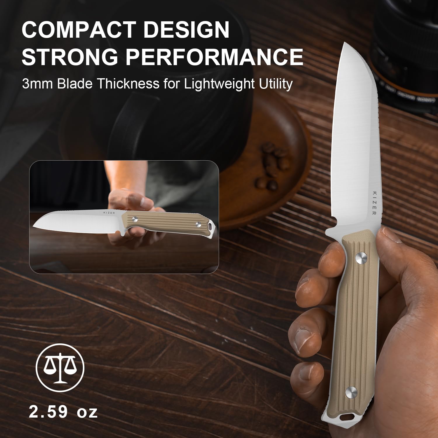 Kizer Begleiter Fix Couteau à Lame Fixe, Lame Sheepsfoot AEB-L de 3,75 pouces, Couteaux de EDC avec Étui Kydex, Manche G10 Marron, Couteau EDC pour Camping, Randonnée et Survie 1045MS2