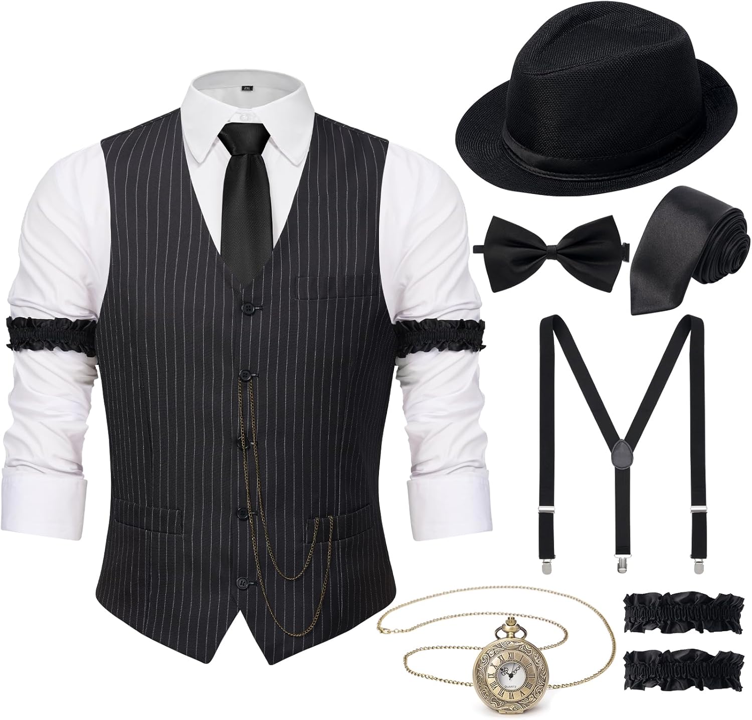 YESSA 1920s Mens Costume,1920 Mens Outfit,Roaring 20s Costumes for Men,1920s Hat Vest Pocket Watch Suspenders Tie