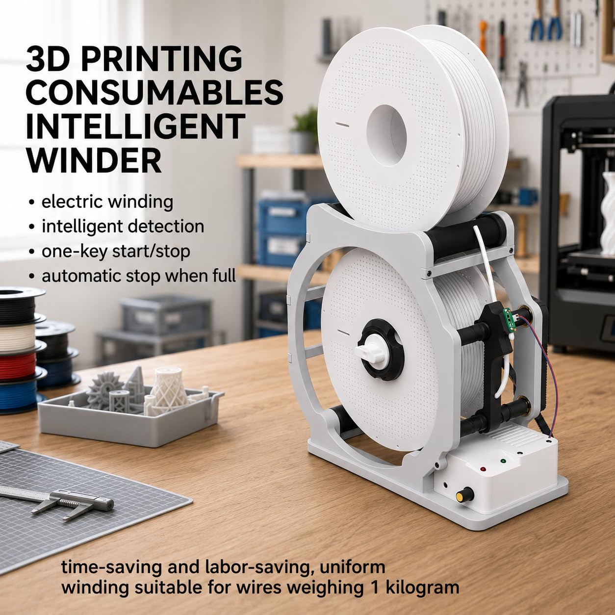 Máquina de bobinado de filamento 3D Industrial, Control Inteligente de Arranque/Parada, 1kg Capacidad de Carrete para PLA PETG ABS, bobinador eléctrico Compacto para Suministros de impresión 3D sin