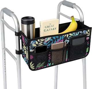 Walker Basket - Foldable Walker Bag with Cup Holder - Fits Folding Walkers - Ideal Walker Accessories for Seniors with Limited Mobility to Carry Water Bottles, Books, Essentials & More (Green Leaves)