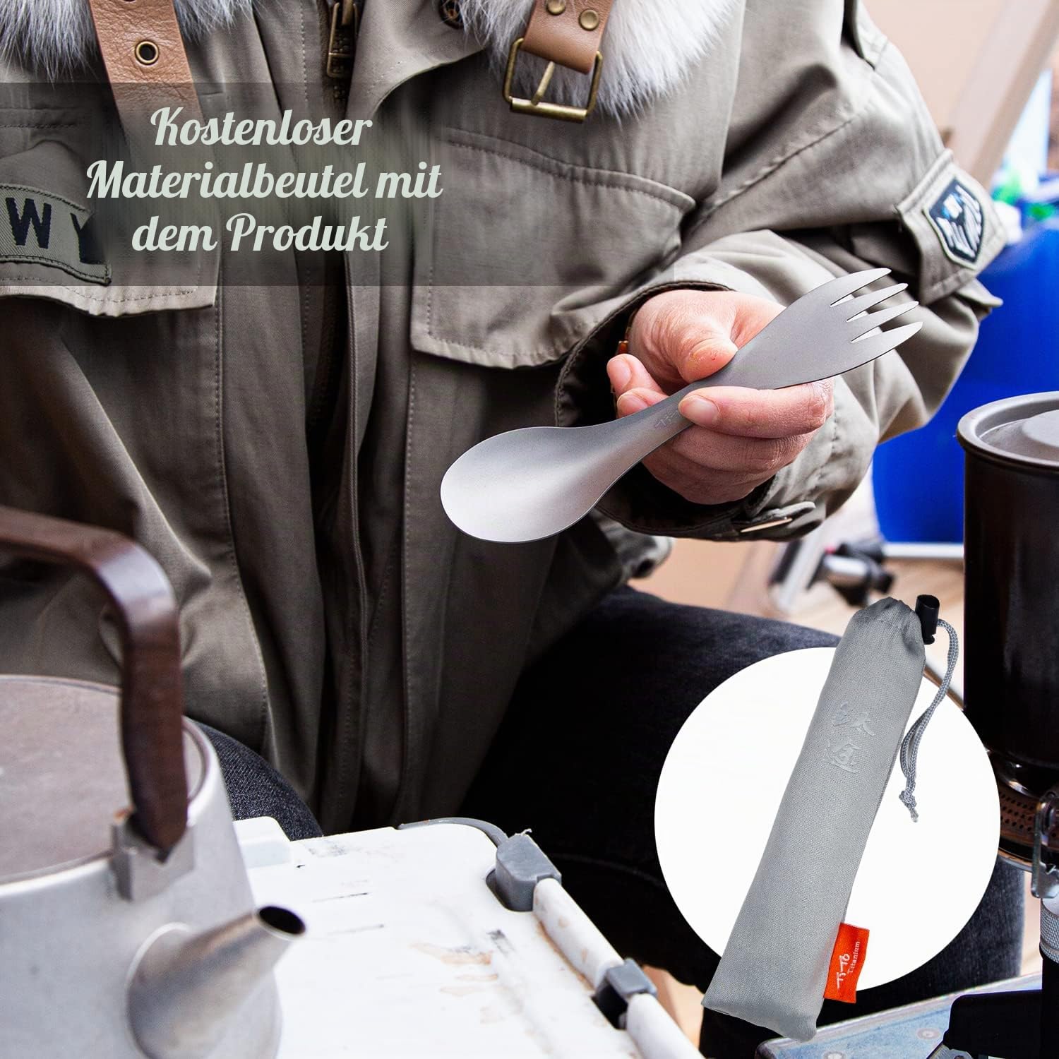 TiTo Titanium Outdoor 2-in-1 Titan Löffel/Spork mit Griff,Multifunktional Tragbare Ultraleichtem Besteck Camping Rucksackreisen mit Aufbewahrungstasche für Trekking (Sandsprühen)