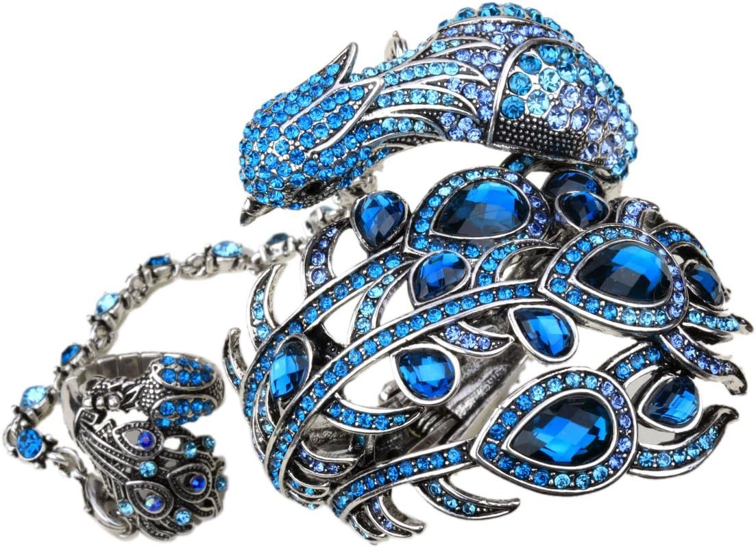 YACQ Women's Hinged Big Peacock Bracelet Slave Stretch Ring Set - Fit Wrist Size 6-1/2 to 7-1/2 Inch & Finger 7 to 9 - Lead Nickle Free - Halloween Costome Outfit
