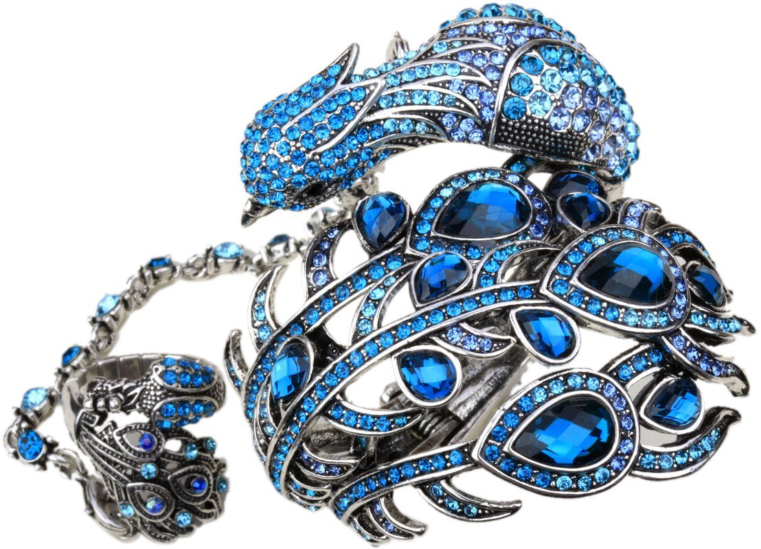 YACQWomen's Hinged Big Peacock Bracelet Slave Stretch Ring Set - Fit Wrist Size 6-1/2 to 7-1/2 Inch & Finger 7 to 9 - Lead Nickle Free - Halloween Costome Outfit