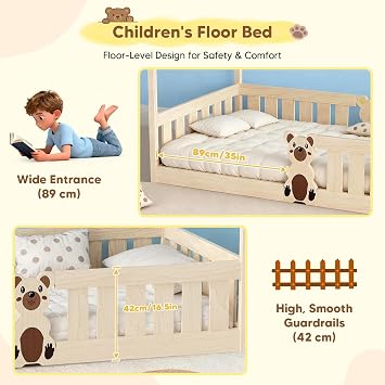 Natural Toddler House Bed 90x200cm, Pinewood Montessori Bed with Guardrails