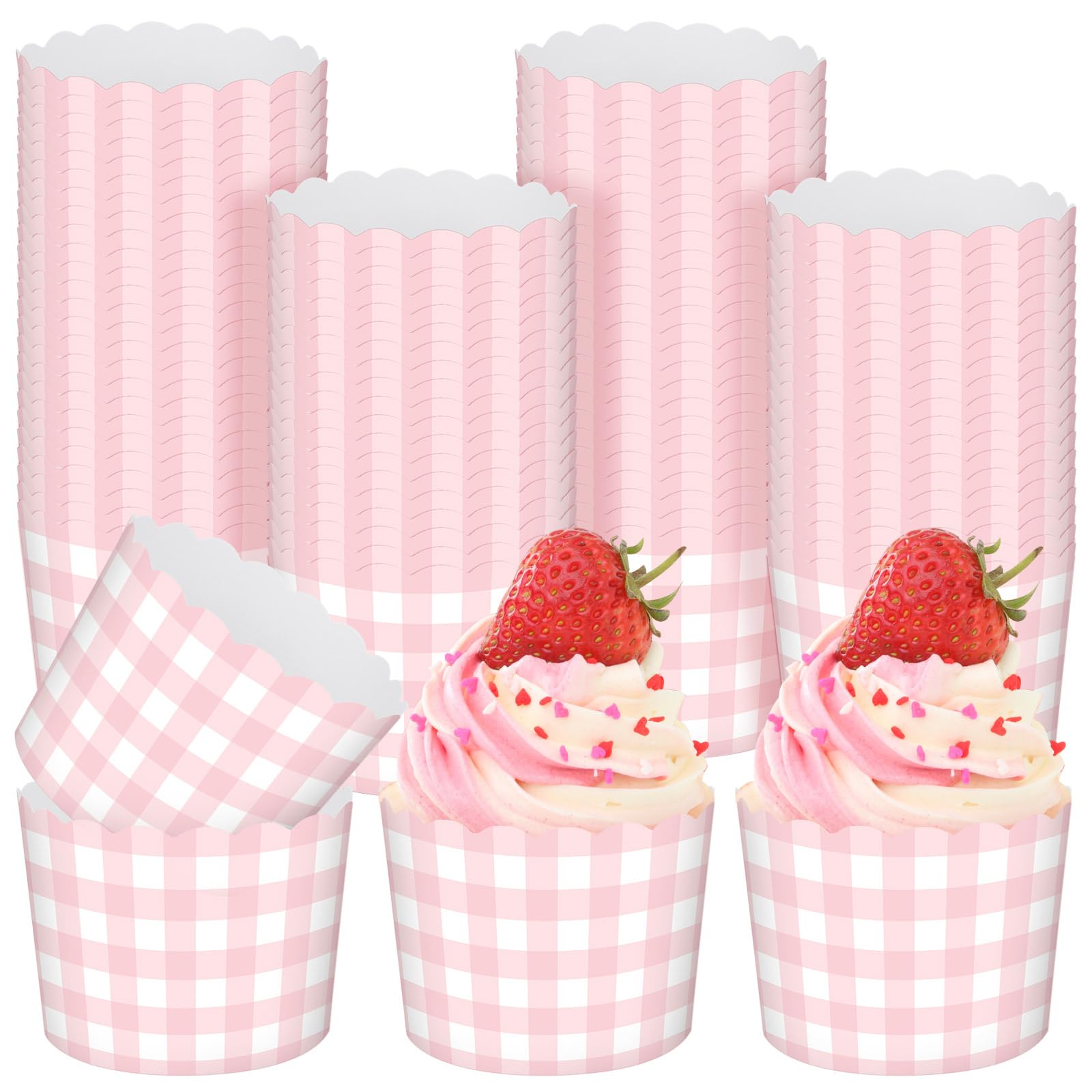 Vesici 150 Pcs Pink Gingham Party Supplies 5 oz Ice Cream Cups Scalloped Gingham Cupcake Cups Paper Cupcake Wrappers Muffin Cases for Birthday Wedding