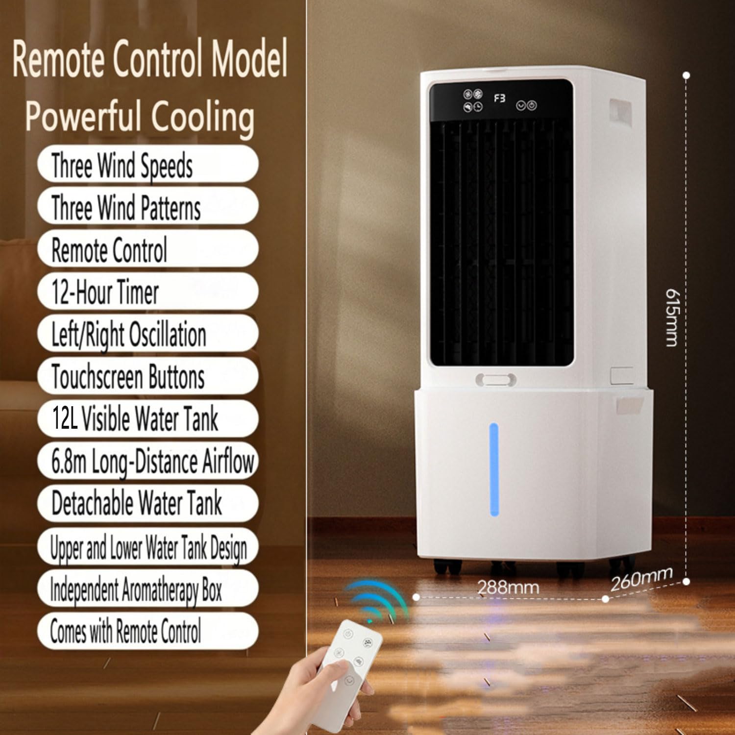Condizionatore Portatile con Telecomando Soundless Raffreddatore d'Aria con 3Velocità 3 modalità Oscillazione 60º deposito 10L Condizionatori a Evaporazione Ventilatore Aria Fredda per da Casa