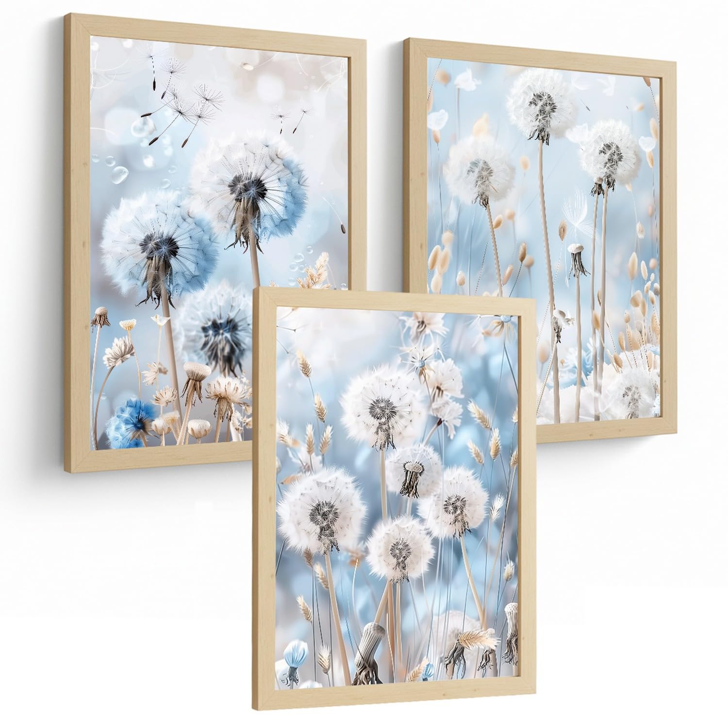 Nacnic Set De 3 Laminas Decorativas Floral Azul Cuadros Salon Modernos - Posters Decorativos Azules Decoración Dormitorios. A3 Marco Madera Clara