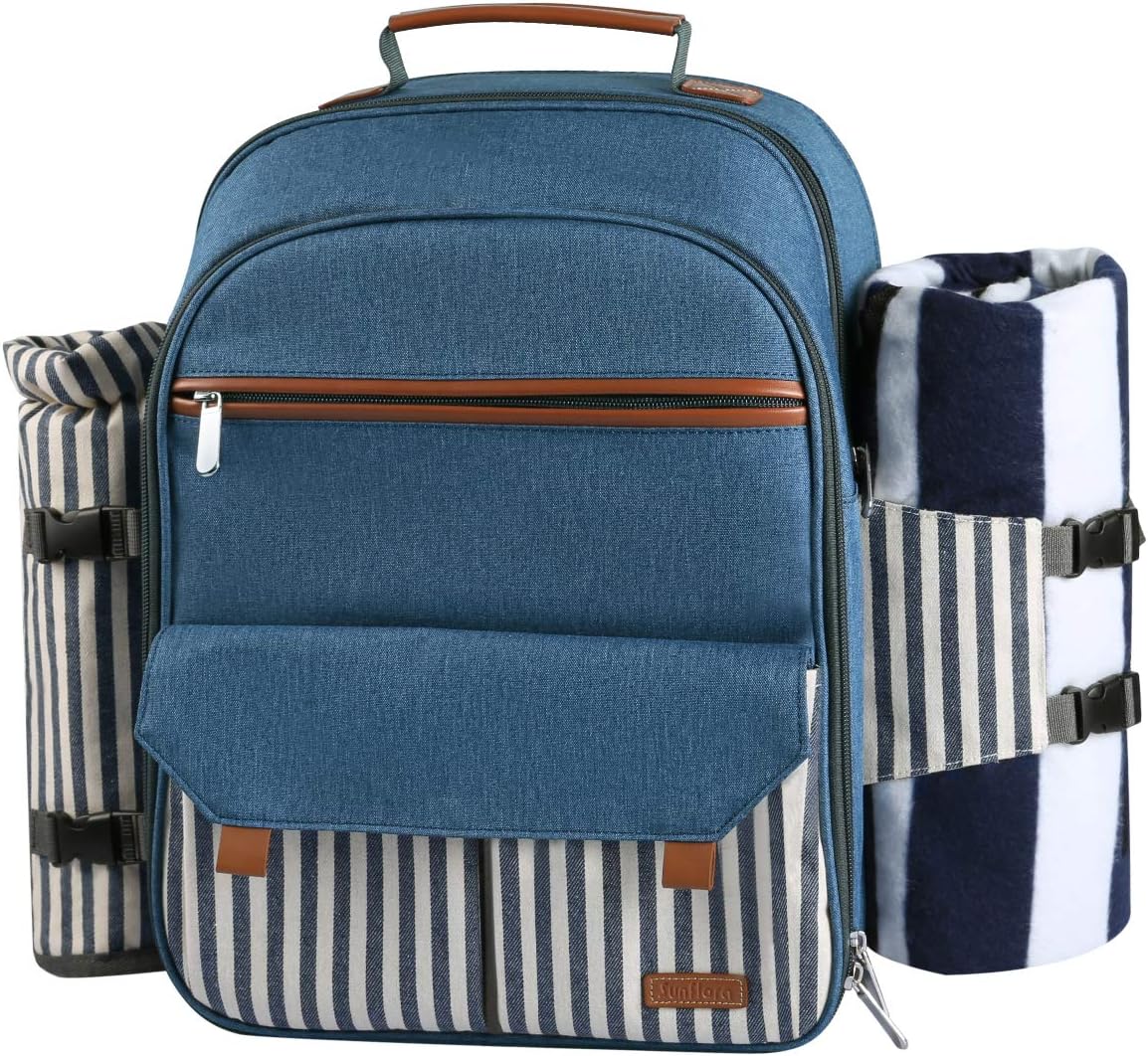 Sunflora Picnic Backpack for 4 Person Set Pack with Insulated Waterproof Pouch for Family Outdoor Camping(Blue & Stripe)