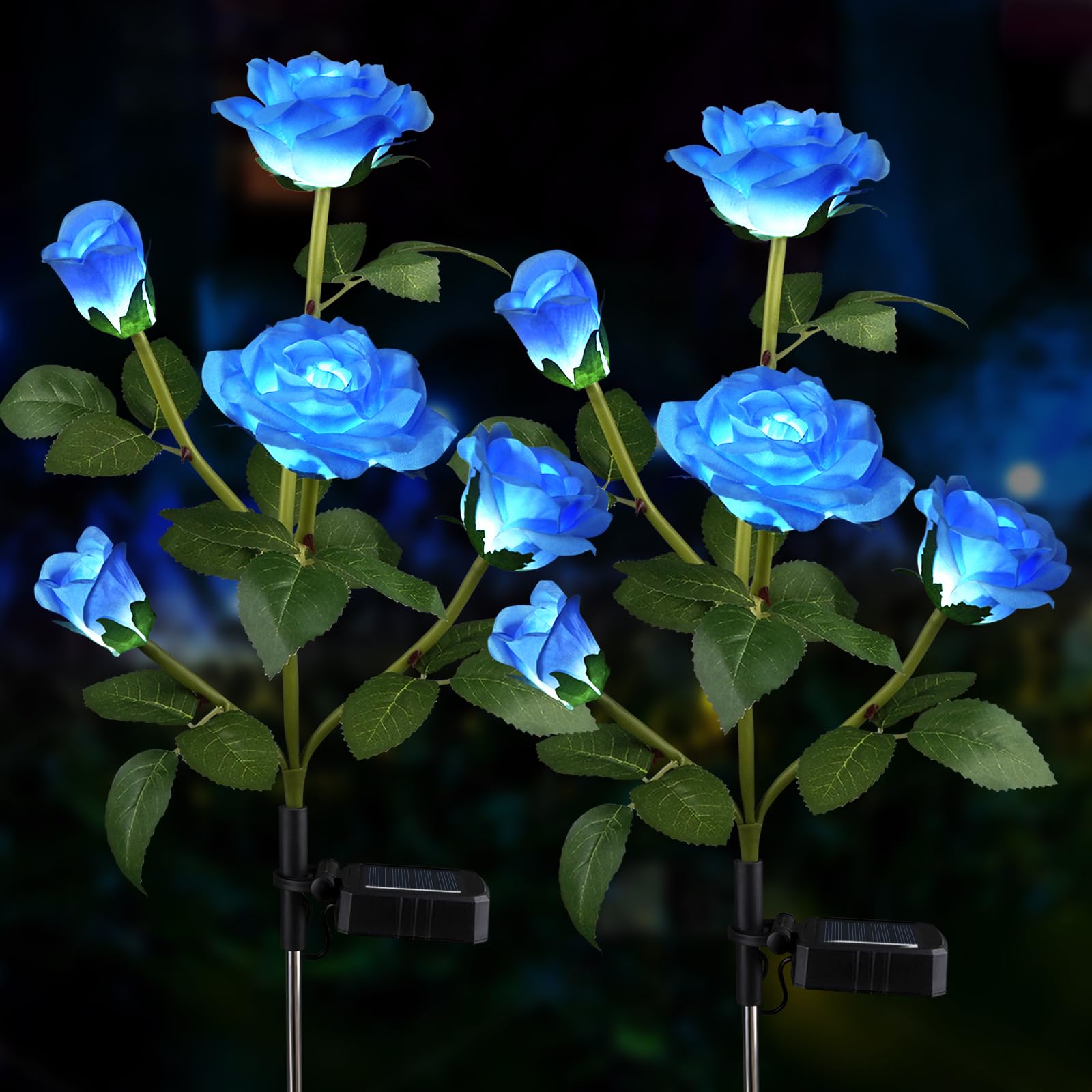 Aolyty Blue 2 Pcs Led Solar Garden Lights, Decorative Waterproof Roses Stake Light, 5 Flowers Outdoor Artificial Ornaments For Grave Patio Pathway (Blue)