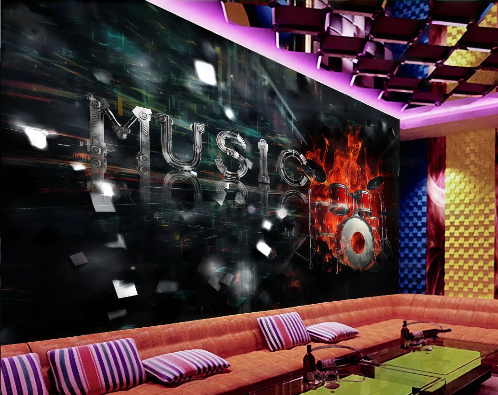 Rskjdghshd 3D Wallpaper Fashion Cool Flame Music Dance Hall Theme Bar Western Restaurant Background Wall Mural Afternoon Tea Coffee Shop Wallpaper,,200X140cm