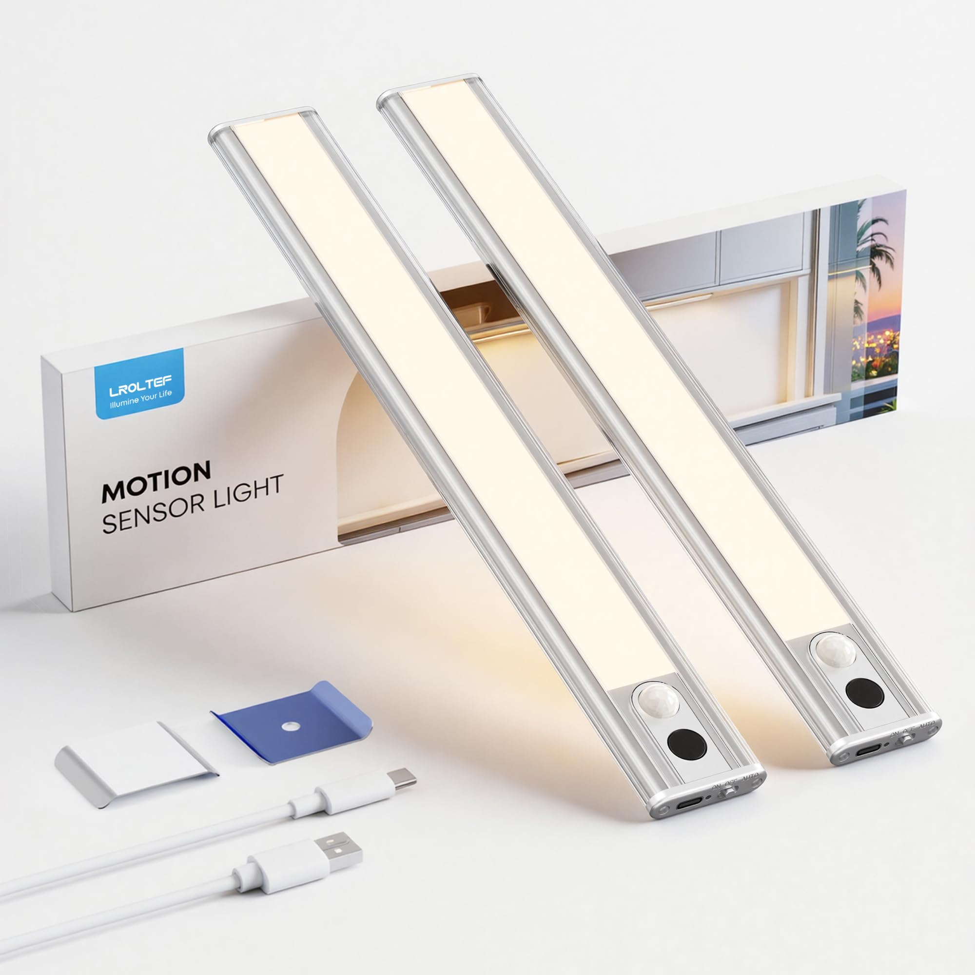 LROLTEF Schrankbeleuchtung Led Lampe mit Bewegungsmelder - 26cm 1800mAh 4000K Dimmbar Schranklicht Unterbauleuchte Küche Licht Treppenlicht Vitrinenbeleuchtung Aufladbar | Silber 2 Stück