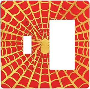 Decorative Outlet Covers Red Background with Golden Spiderweb Spider 2 Gang Outlet Cover Wall Plate Single Toggle Rocker Light Switch Cover Plate Switch Plate Covers for Home Decor