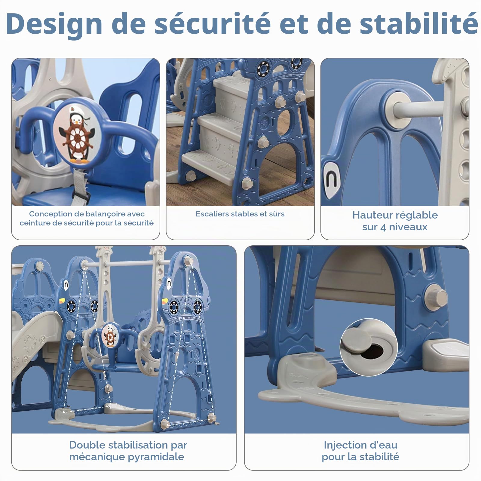 Ensemble de Toboggan et balançoire pour Tout-Petits, Ensemble de Jeu d'escalade pour bébé 4 en 1 avec balançoire, Toboggan grimpeur et Basket-Ball, toboggans pour Enfants (Classique + Bleu)