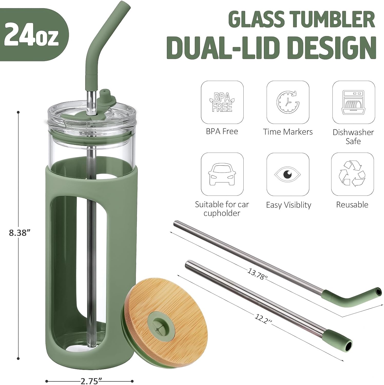 Kodrine 24oz Glass Tumbler with 2 Lids and Straws, Glass Cup With Bamboo Lid and On-the-go Lid, Reusable Iced Coffee Cup, Ideal for Smoothie, Cold Drinks, Fit Cup Holder, BPA Free (1, Olive) - Image 2