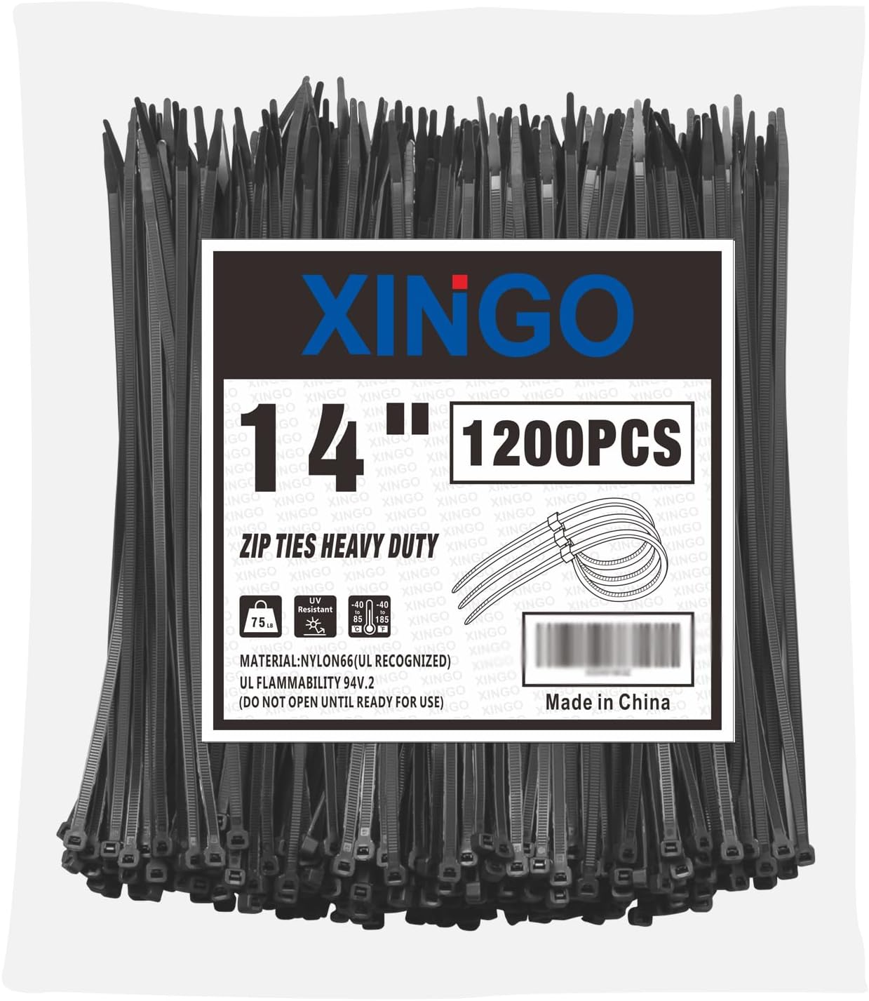 14 Inch Black Zip Ties Heavy Duty 1200 PCS, 75 LBS Tensile Strength, UV Resistant Cable Ties, Premium Self-locking Plastic Ties for Indoor and Outdoor Use 14“(1200PCS) Black