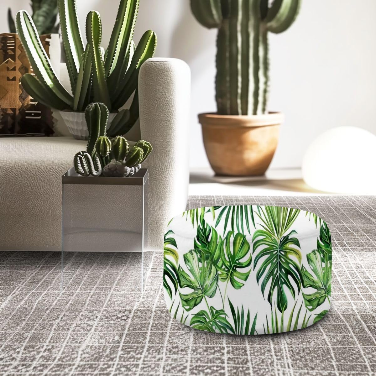 Round Pouf Ottoman Watercolor tropical seamless pattern Diagonal stripes repeat Exotic Foot Stool Foot Rest Floor Stool Bean Bag Chair Cotton Linen Removable Indoor Outdoor for Living Room Bedroom
