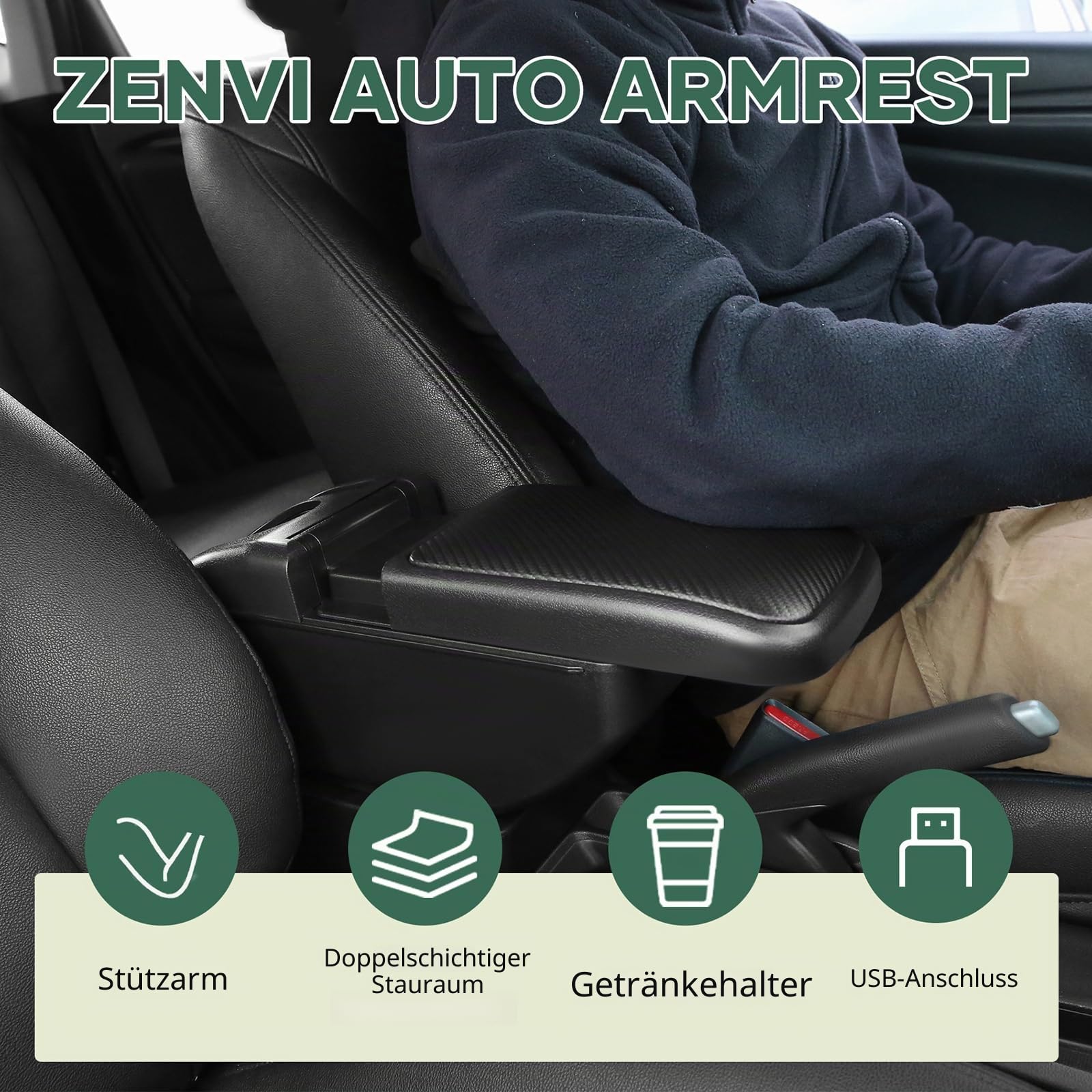 ZENVI Compatible with Peugeot 208 Armlehnen 2019-2026 | Kohlefaser-Stil, Kann als Ellbogenstütze,MittelArmlehnen,Mittelkonsolen Veranstalter Armlehnen,Doppelter Stauraum