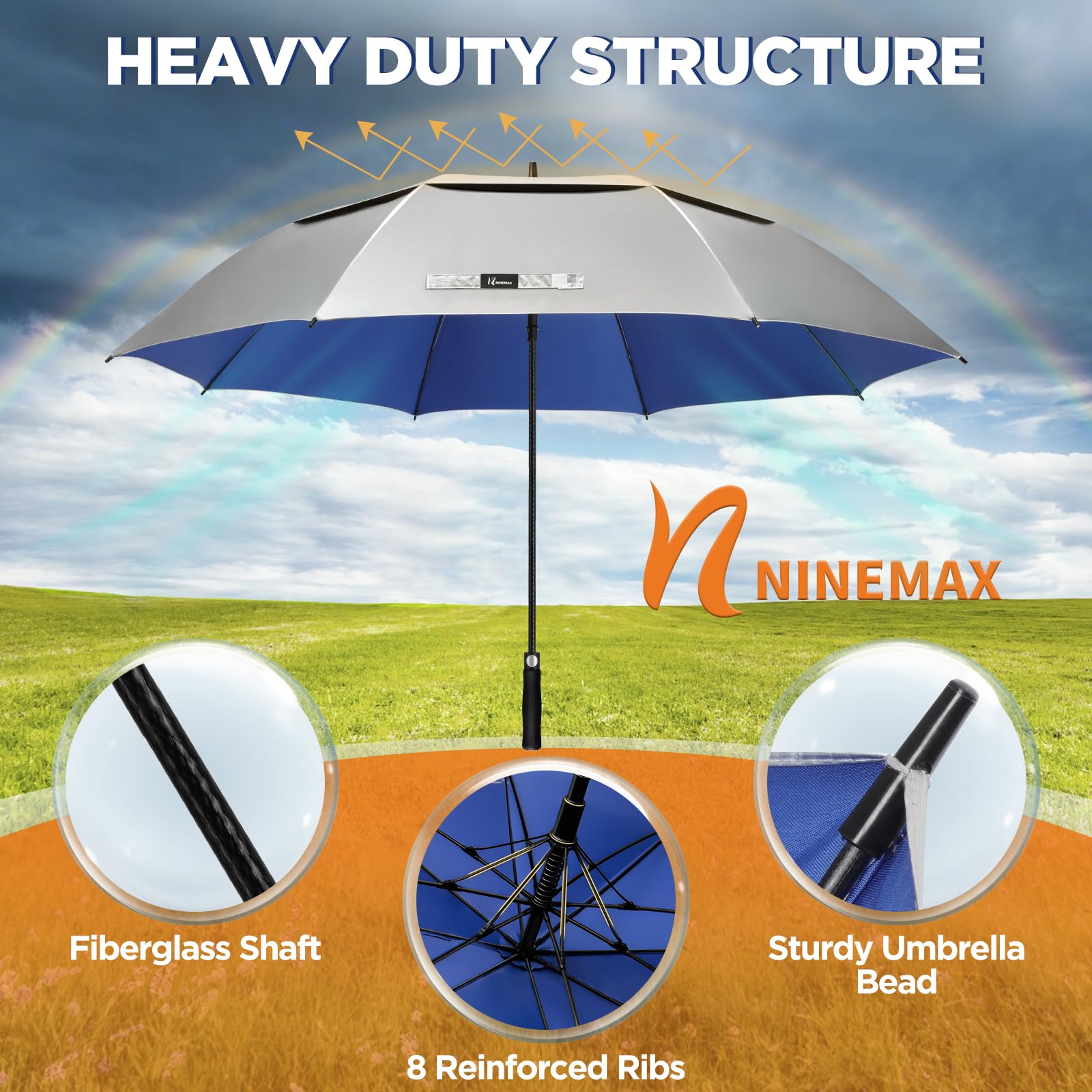 NINEAMX Ombrello Pioggia Grande Da Sole, XL Ombrello Golf Grande Anti UV Spf 50+, UV Protection Umbrella Grandi Da Pioggia Automatico Antivento Robusto per Uomo Donna (Argento/Blu)