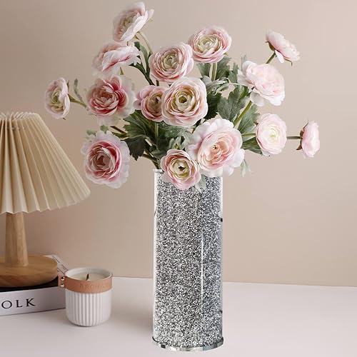 Crystal Diamond Flower Vase, 10" Silver Glass Decorative Vase | Crystal Cylindrical Glass Flower Vase for Centerpieces Crushed Diamond Home Decor Perfect for Anniversary, Banquet, Wedding