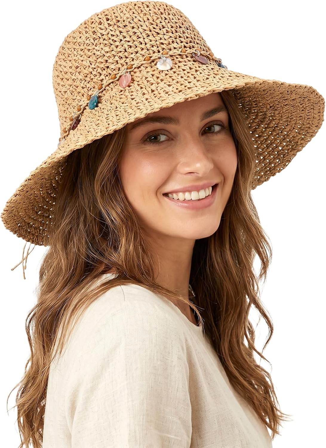 Straw Sun Hats for Women, Packable Beach Hat, Wide Brim Floppy Bucket Hat with Shell Beads Strap Bow for Travel UV Protection(Khaki)